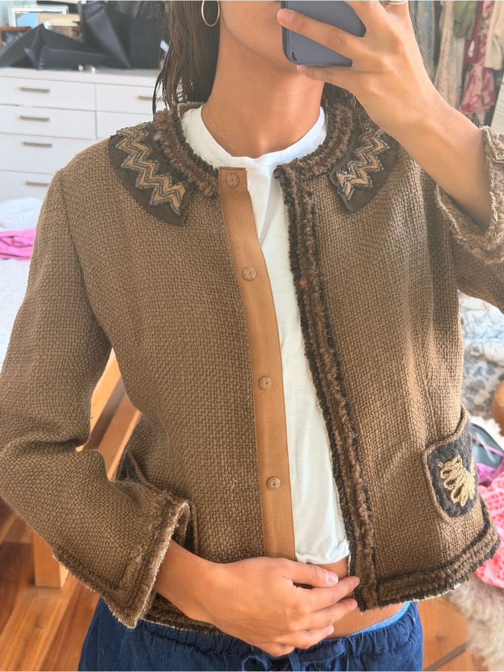 Prada Brown Tweed RARE FW05 Women's Knit Jacket with Decorative Collar